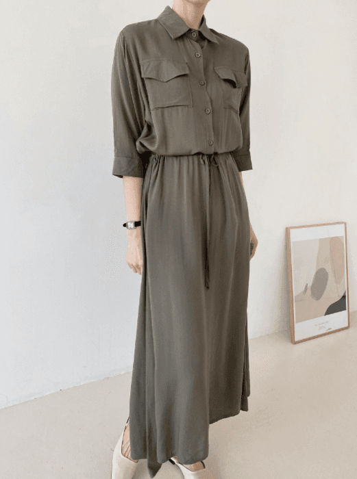 骨格ストレートウエストマークシンプルシャツロングワンピース