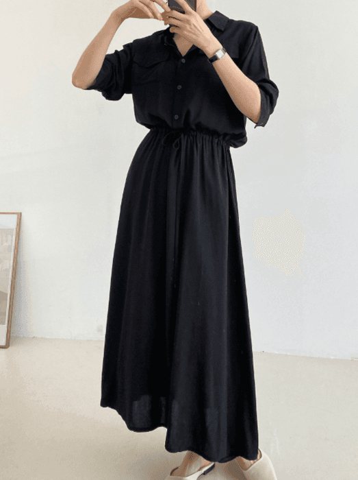 骨格ストレートウエストマークシンプルシャツロングワンピース
