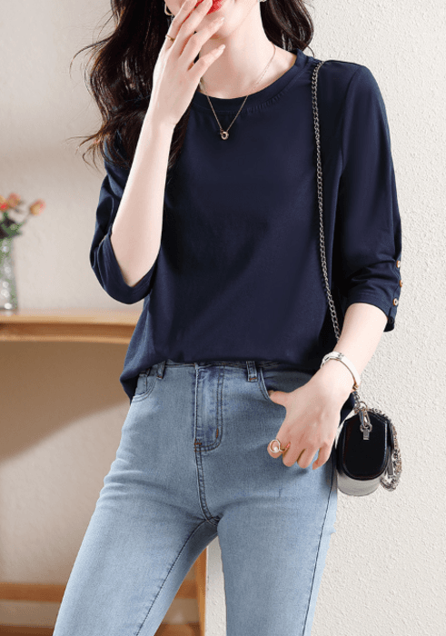 骨格ストレート袖ボタンカットソートップス