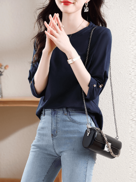 骨格ストレート袖ボタンカットソートップス