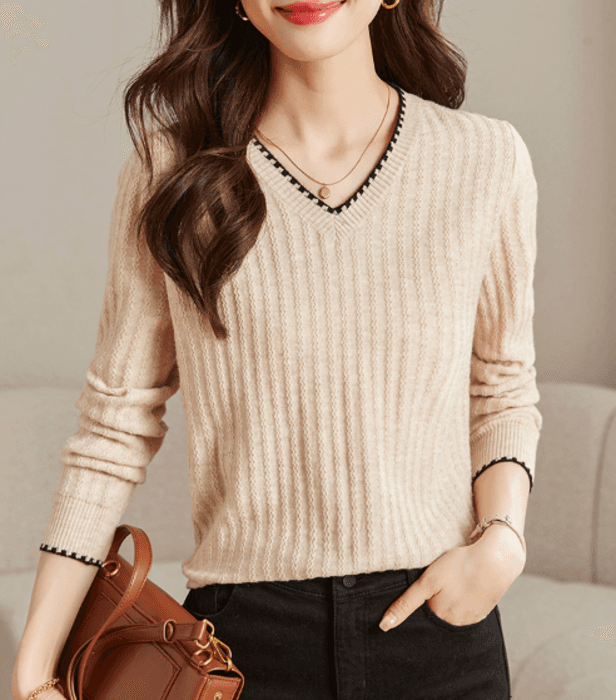 骨格ストレートVネックシンプルニットトップス