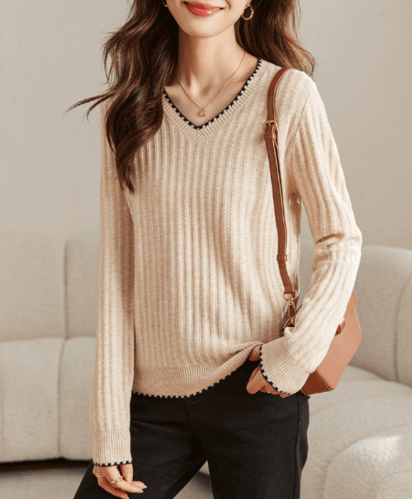 骨格ストレートVネックシンプルニットトップス