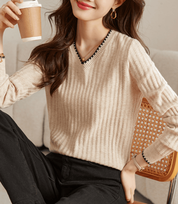 骨格ストレートVネックシンプルニットトップス