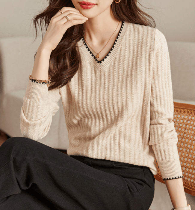 骨格ストレートVネックシンプルニットトップス