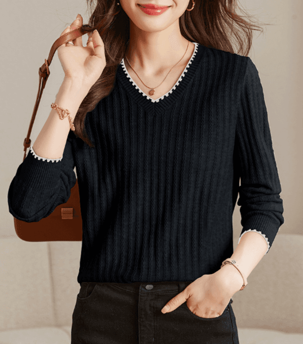 骨格ストレートVネックシンプルニットトップス