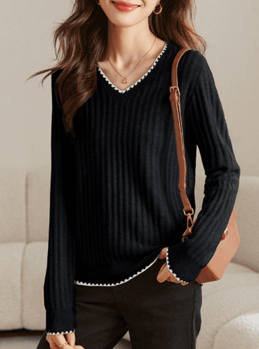 骨格ストレートVネックシンプルニットトップス