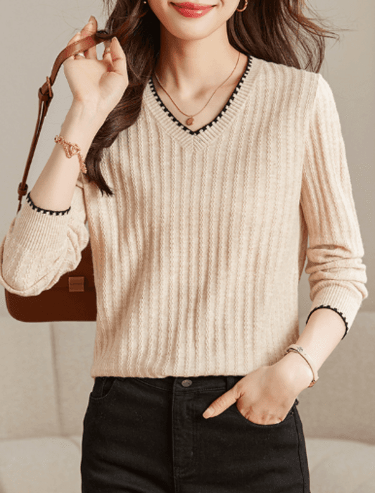 骨格ストレートVネックシンプルニットトップス