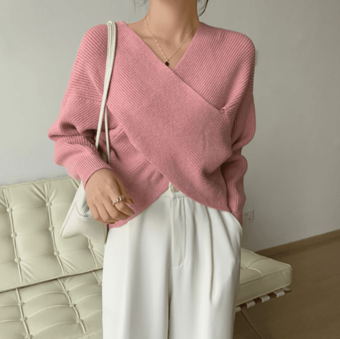 骨格ストレートクロスデザインニットトップス