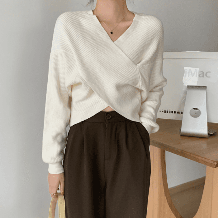 骨格ストレートクロスデザインニットトップス