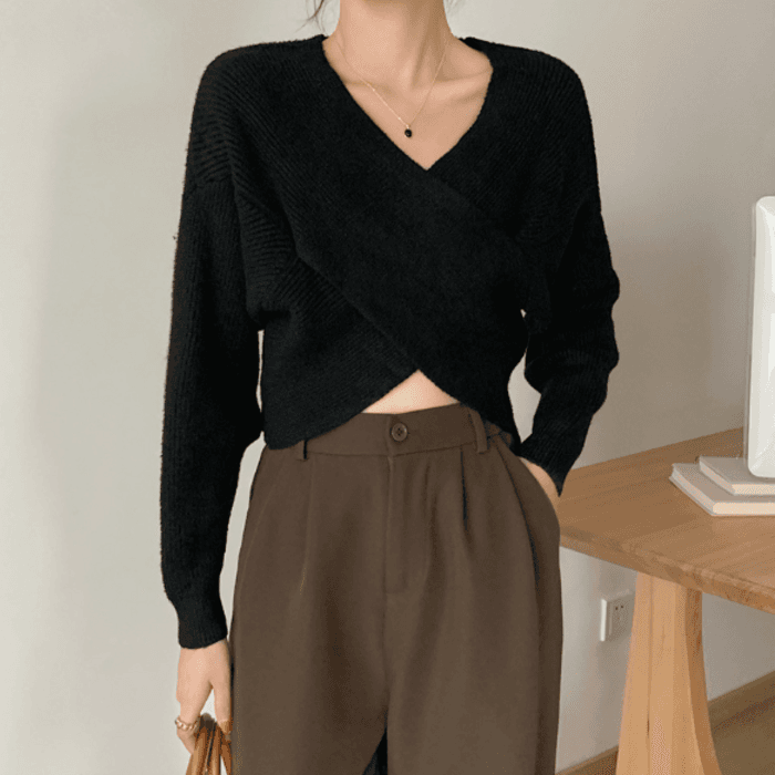 骨格ストレートクロスデザインニットトップス