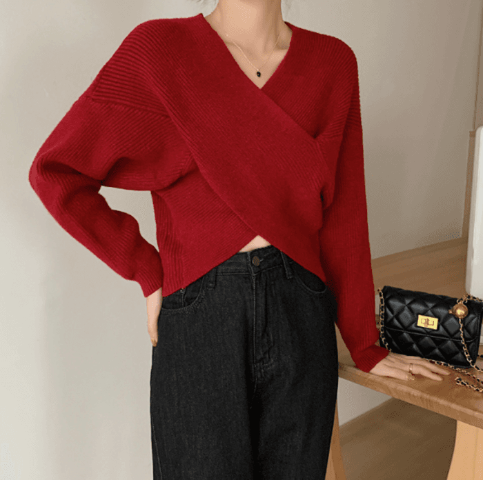 骨格ストレートクロスデザインニットトップス