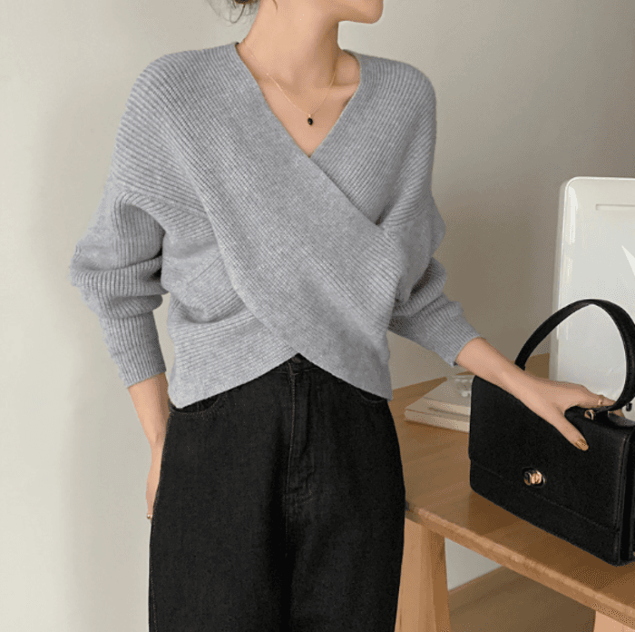 骨格ストレートクロスデザインニットトップス
