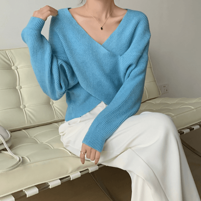 骨格ストレートクロスデザインニットトップス