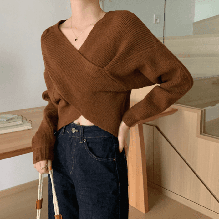 骨格ストレートクロスデザインニットトップス