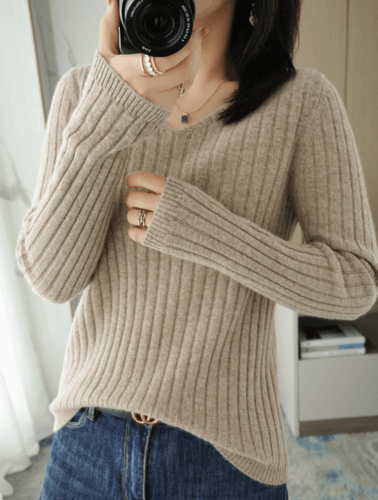 骨格ストレートVネック縦リブニットトップス