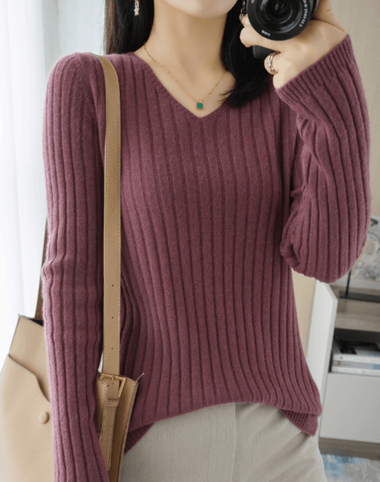 骨格ストレートVネック縦リブニットトップス