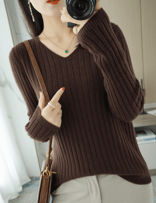 骨格ストレートVネック縦リブニットトップス