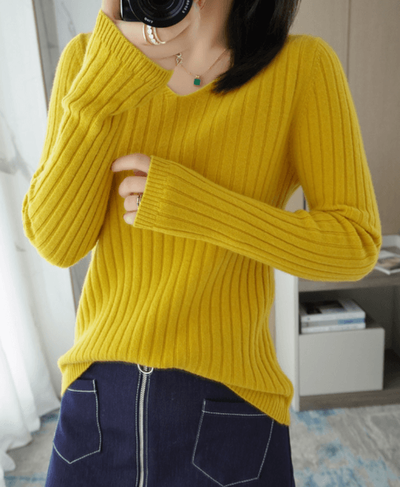 骨格ストレートVネック縦リブニットトップス