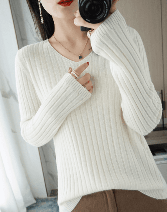 骨格ストレートVネック縦リブニットトップス