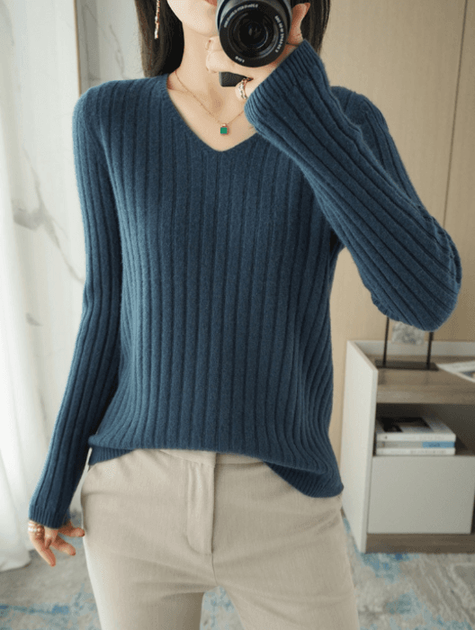 骨格ストレートVネック縦リブニットトップス