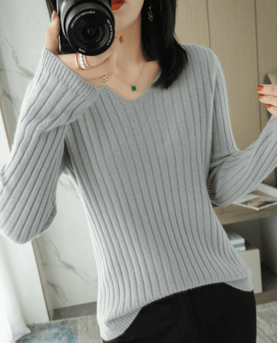 骨格ストレートVネック縦リブニットトップス