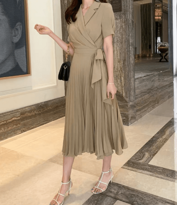 骨格ストレートカシュクールプリーツロングワンピース