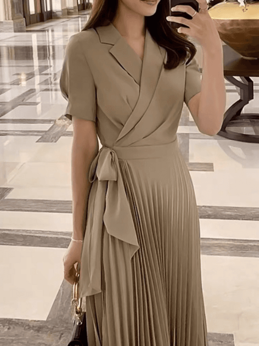 骨格ストレートカシュクールプリーツロングワンピース