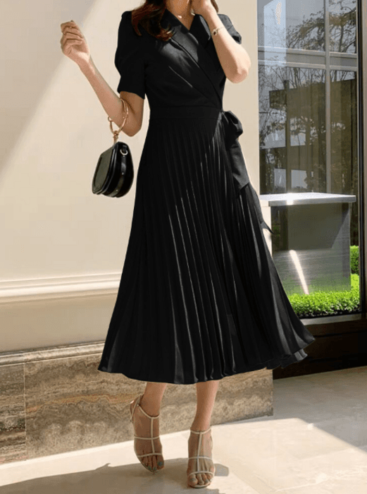 骨格ストレートカシュクールプリーツロングワンピース