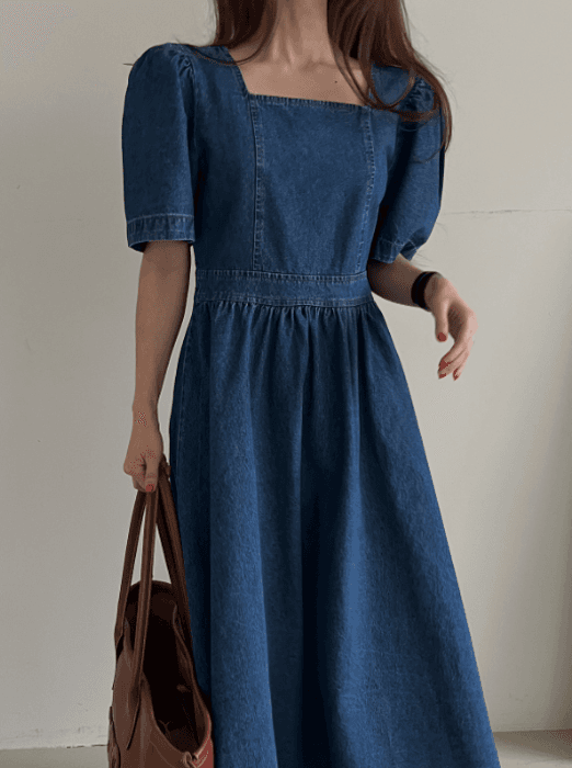 骨格ストレートスクエアネックデニムロングワンピース