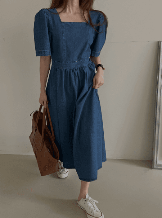 骨格ストレートスクエアネックデニムロングワンピース