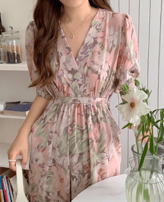 骨格ストレートカシュクール花柄ロングワンピース