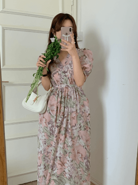 骨格ストレートカシュクール花柄ロングワンピース
