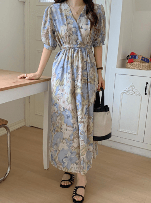 骨格ストレートカシュクール花柄ロングワンピース