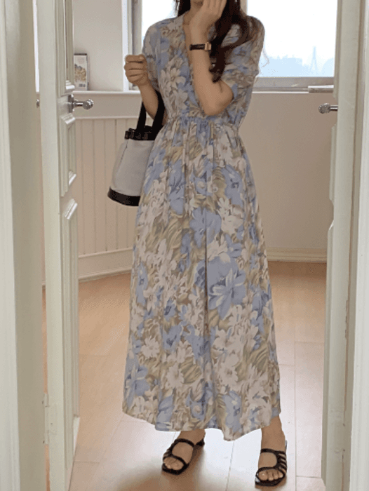 骨格ストレートカシュクール花柄ロングワンピース