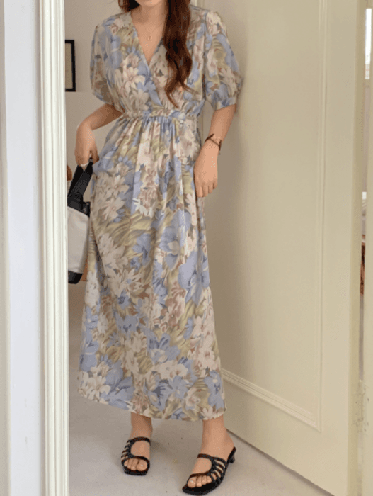 骨格ストレートカシュクール花柄ロングワンピース
