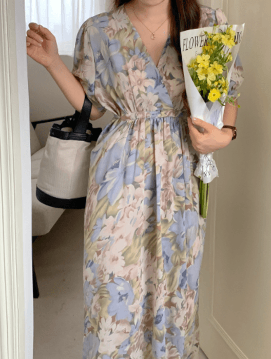 骨格ストレートカシュクール花柄ロングワンピース