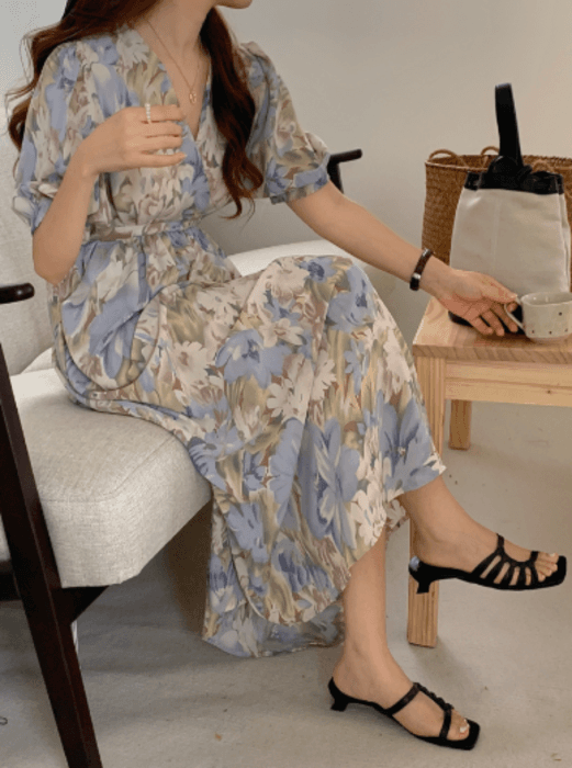 骨格ストレートカシュクール花柄ロングワンピース