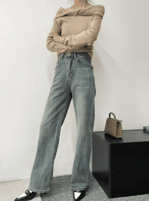 骨格ストレートレトロストレートデニムパンツ