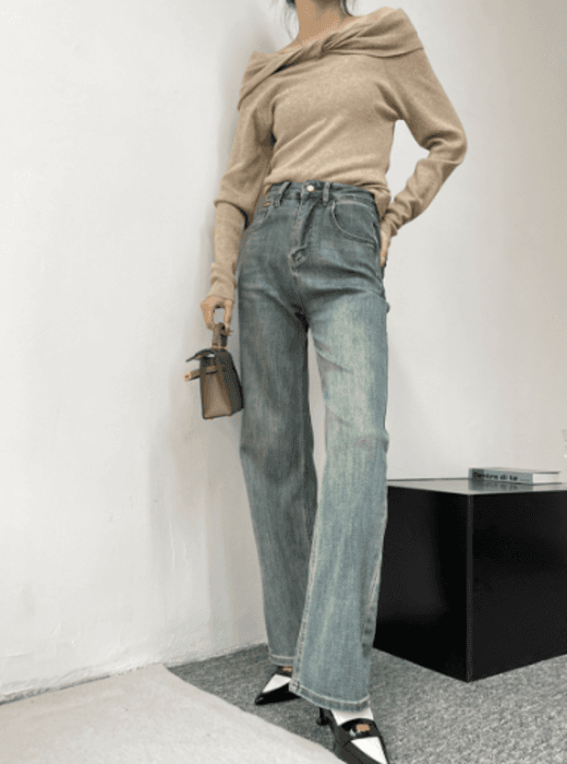 骨格ストレートレトロストレートデニムパンツ