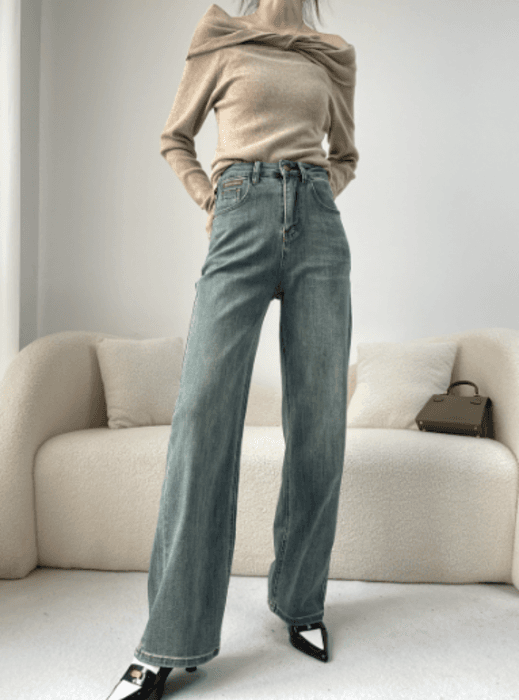 骨格ストレートレトロストレートデニムパンツ
