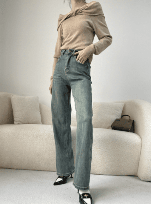 骨格ストレートレトロストレートデニムパンツ