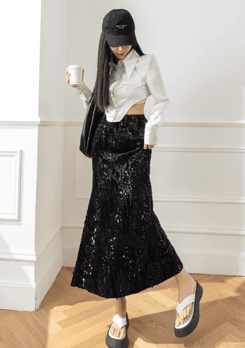 骨格ストレートスパンコールロングフレアスカート