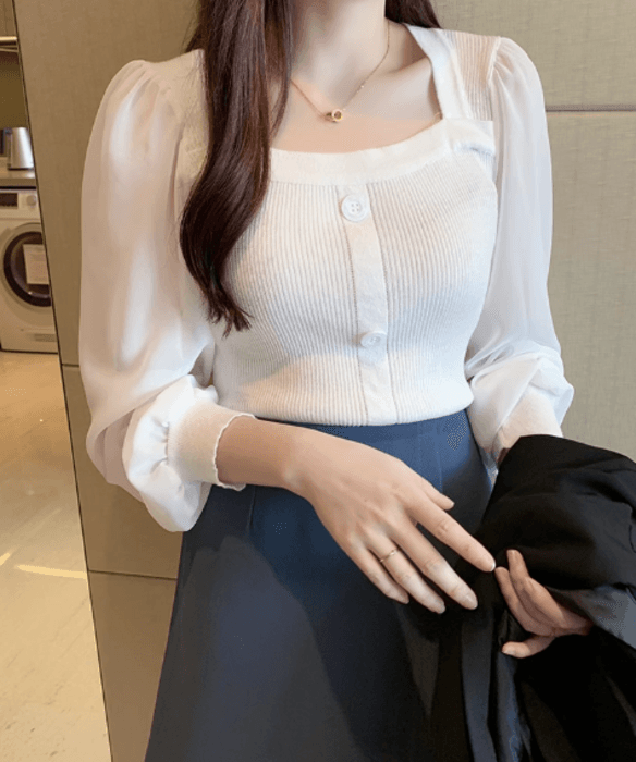 骨格ストレートスクエアネックセットインスリーブパフニットトップス