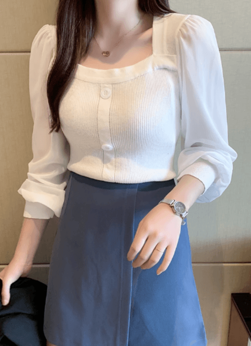 骨格ストレートスクエアネックセットインスリーブパフニットトップス