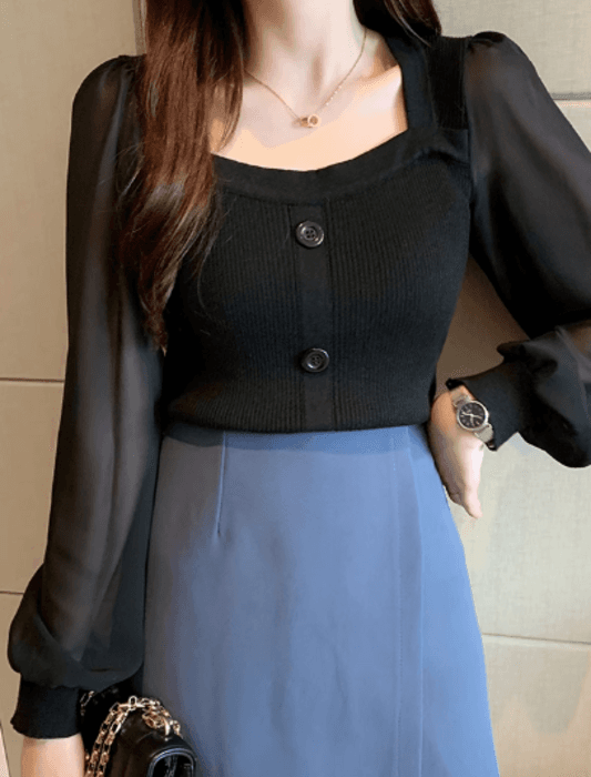 骨格ストレートスクエアネックセットインスリーブパフニットトップス