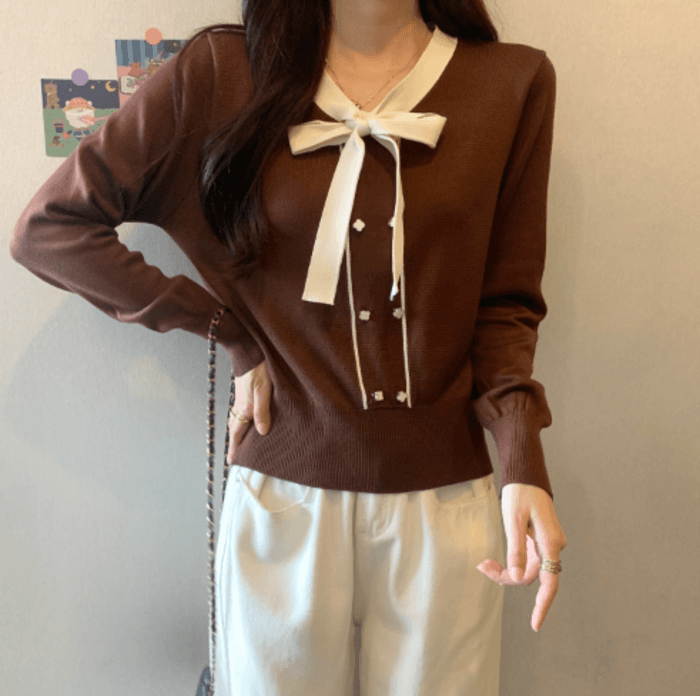 骨格ストレートバイカラーボウタイニットトップス