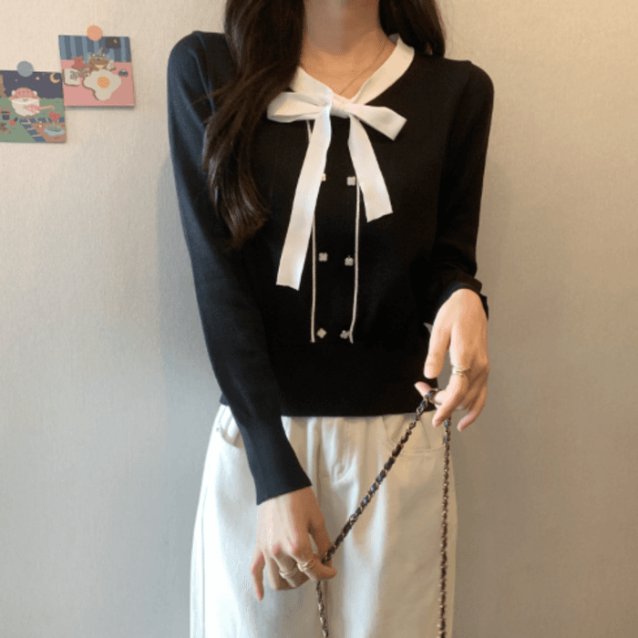 骨格ストレートバイカラーボウタイニットトップス