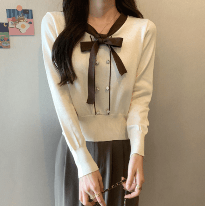 骨格ストレートバイカラーボウタイニットトップス