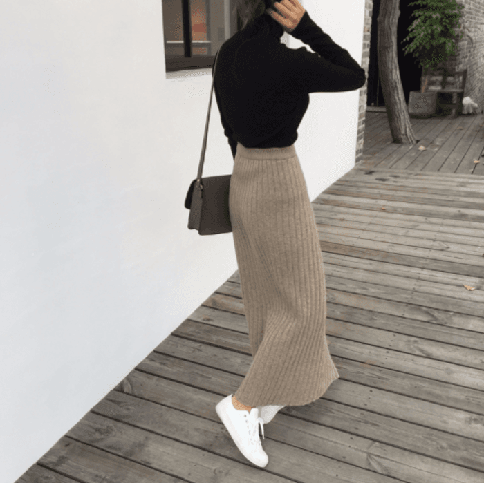 骨格ストレートラップ風ニットタイトスカート