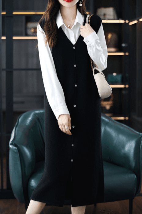 骨格ストレートVネックニットベストワンピース